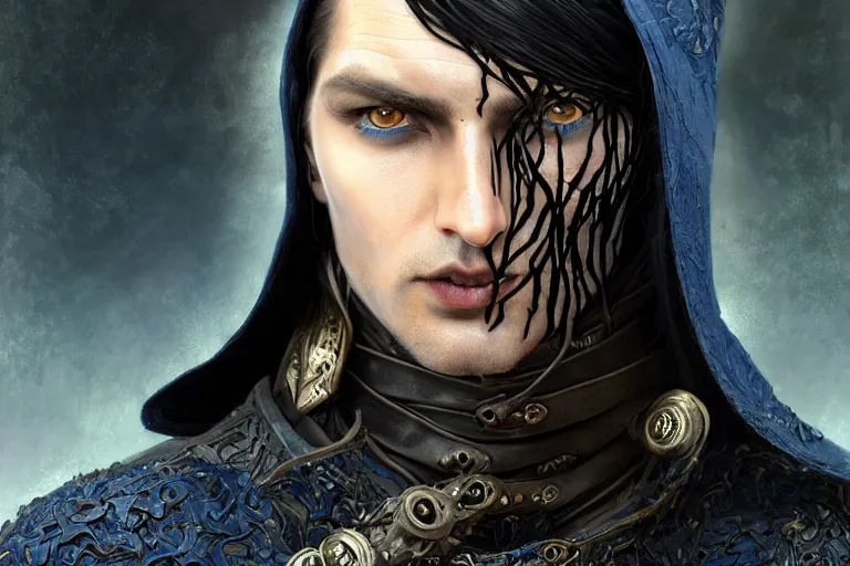 Image similar to ultrarealistic male mage dark burnt infected face portrait fighting, long black hair blue eyes wearing leather mantle gothic navy cloak with leather details, infected plants, octane render, extreme intricate details, elegant, cinematic lighting, highly detailed, artstation, dnd fantasy character art, cgsociety, sharp focus, beautiful digital painting by artgerm, gerald brom, wlop, alphonse mucha