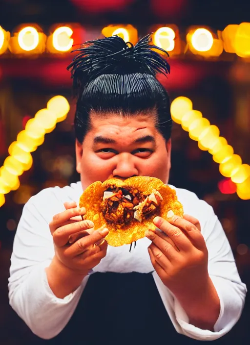 Image similar to sumo wrestler eating crispy tacos, holding hot sauce, portrait, photo realism, bokeh background, neon lights, city background, high definition, slr