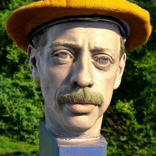 Image similar to hyper realistic closeup bust of a new england fisherman, wearing a yellow fisherman's hat, steve buscemi, painted, colorized, bossons vintage chalkware, by emile renouf