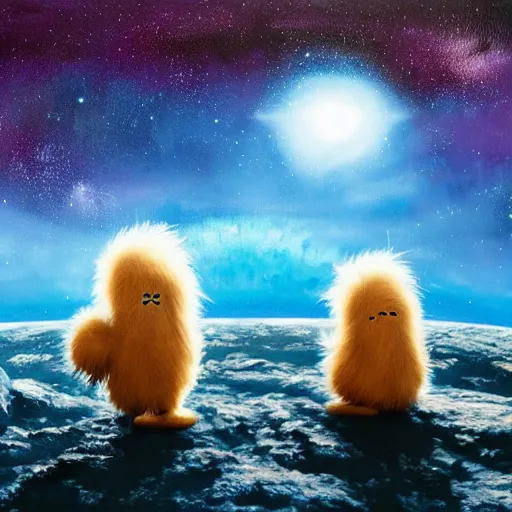 Prompt: cute fluffy aliens watching ringed planet rise over the horizon of cratered landscape with galaxy background detailed oil painting 4 k