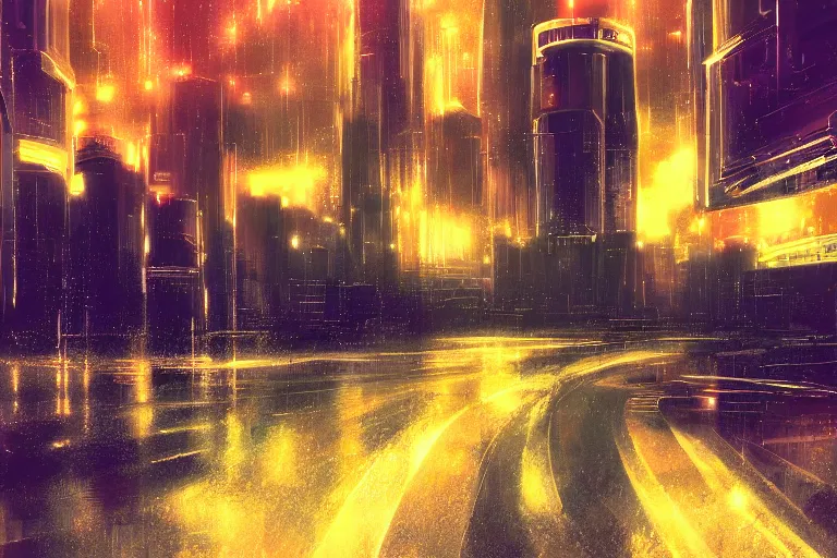 Image similar to futuristic city at nighttime In the style of Syd Mead, raining, digital art, dramatic lighting
