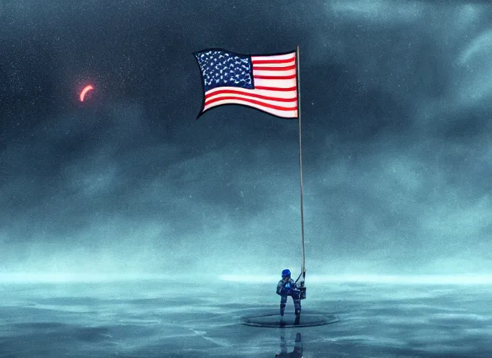 Image similar to astronaut holding a flag in an underwater desert. a submarine is visible in the distance. dark, concept art, cinematic, dramatic, atmospheric, 8 k, trending on artstation, blue, fish, low visibility, fog, ocean floor, christopher nolan, interstellar