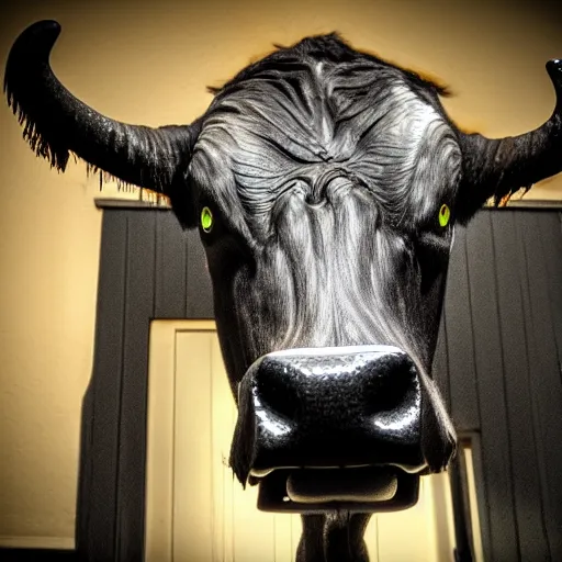 Image similar to ultra - realistic close - up of creepy cow at night, fish - eye - lense, disturbing horror photo, doorbell camera footage