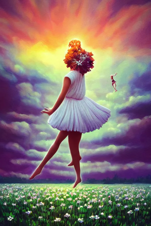 Prompt: giant white daisy flower over head, girl dancing in a flower field, surreal photography, sunrise, dramatic light, impressionist painting, colorful clouds, digital painting, artstation, simon stalenhag