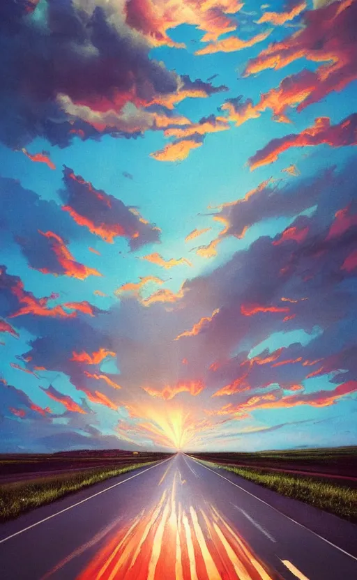 Image similar to paperback book cover. 1 9 8 0 s. pure colors, melting clouds, accurately drawn details, a sunburst above a receding road with the light reflected in furrows and ruts, after rain. photorealistic. octane render. cinematic. trending on artstation. textless.