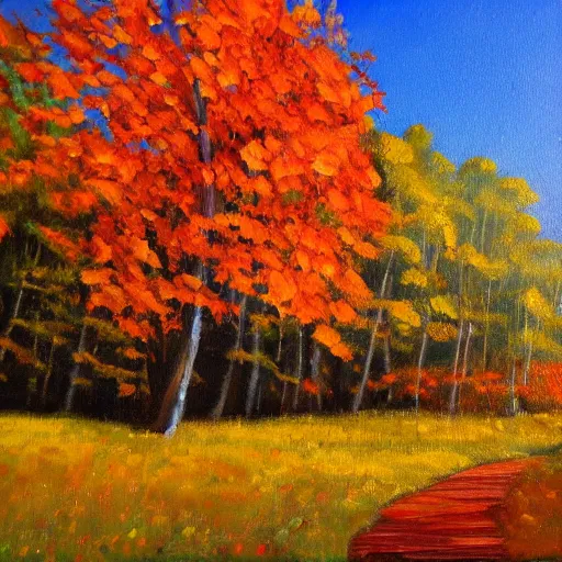 Prompt: landscape oil painting of fall colors