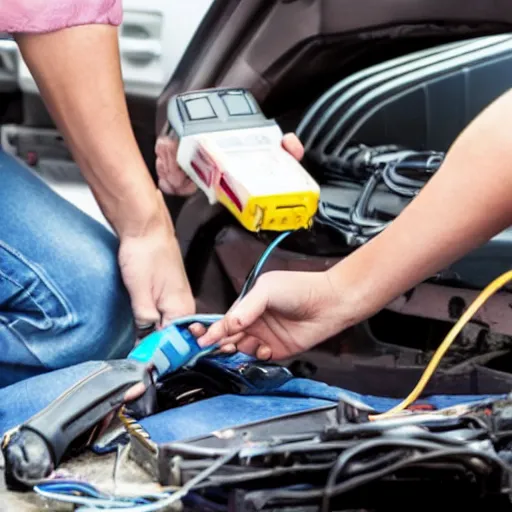 Prompt: a car battery hits a person with electricity.