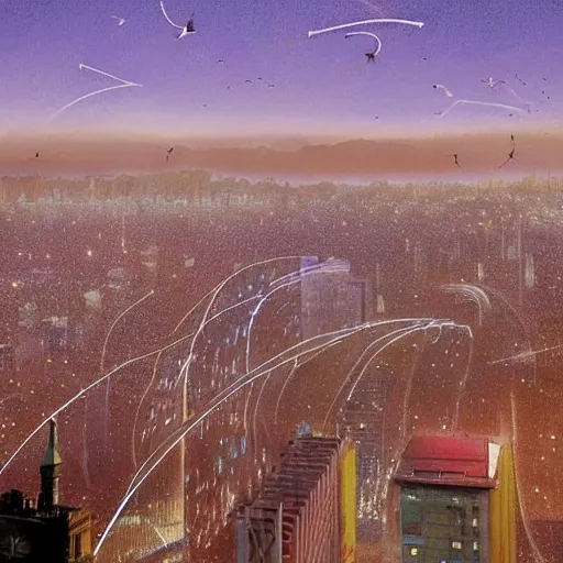 Image similar to thousands of bird trajectory trails in the sky of santiago of chile, purple dawn seen from a metro station, matte painting by esao andrews and akira kurosawa