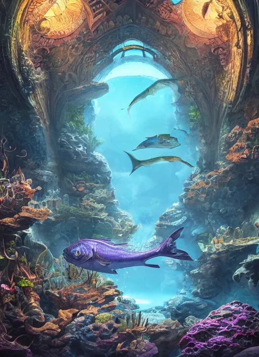 Prompt: people observing lots of beautiful fish in an underground aquarium corridor, in the style of andreas hoher, fantasy art, ray tracing, water droplets, highly detailed, artstation trend, highly detailed and intricate, sharp focus, photography, unreal engine 5