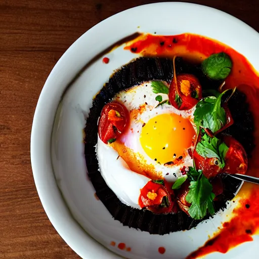Prompt: “Black pudding ceviche in leche de tigre, roasted tomatoes, fried egg, chili oil, Michelin starred restaurant, award winning photography, 40mm, f4”