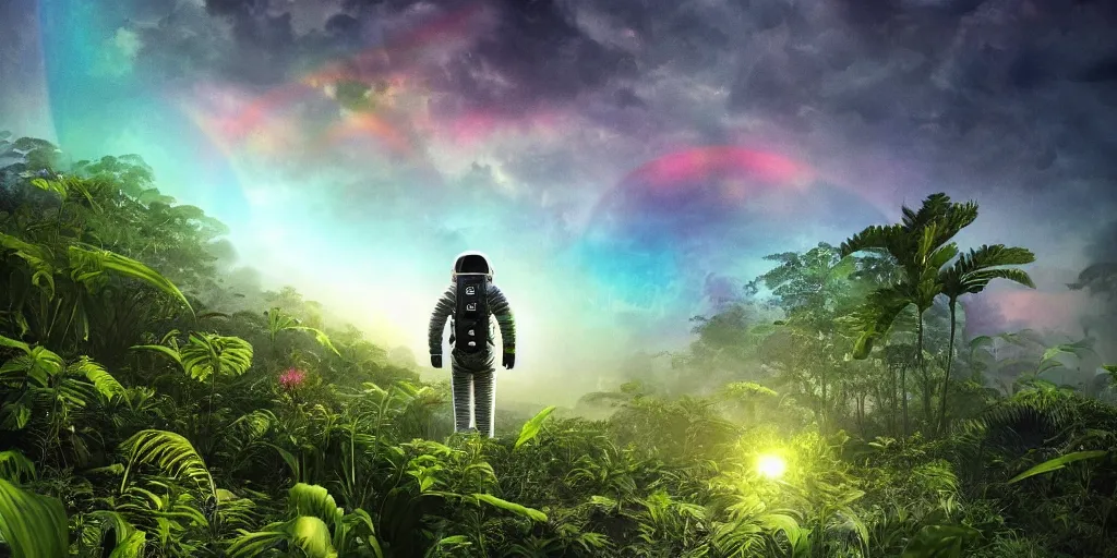 Prompt: a lone grey!!!! astronaut walking in lush and rainbow!!! coloured!!!! extra terrestrial jungle with very strange!!!!!! plants under a bright multi sun sky, hyper detailed, digital art, trending in artstation, cinematic lighting, studio quality, smooth render, unreal engine, masterpiece, 8k