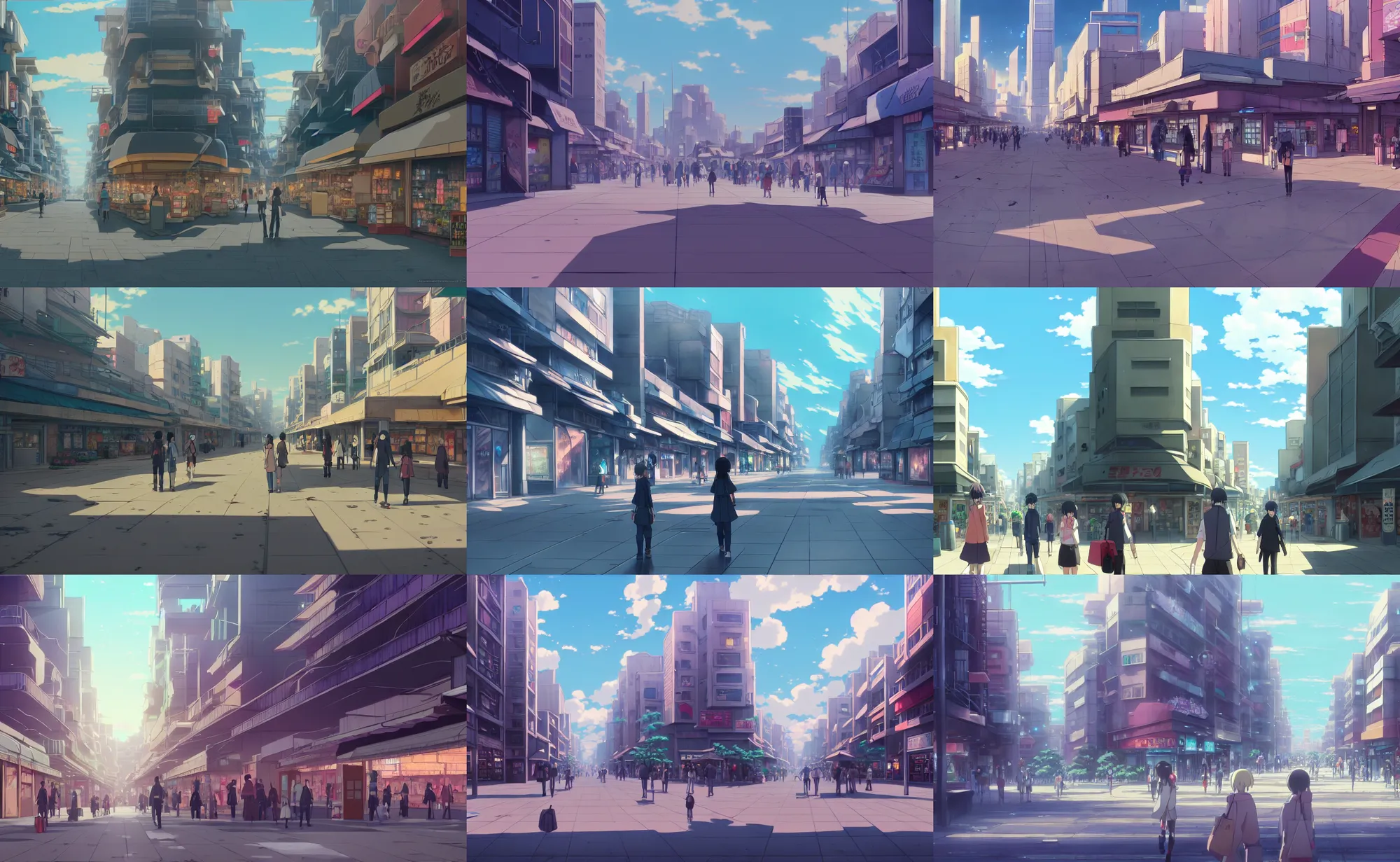 Prompt: an anime movie background matte painting of an empty modern city shopping district | | by makoto shinkai, trending on artstation, highly detailed