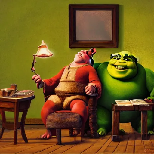 Image similar to !dream happy Shrek with brown hair sitting by the fireplace, reading a book, drinking tea, in a comfortable chair, cozy atmosphere, home, warm hues, oil painting, realistic