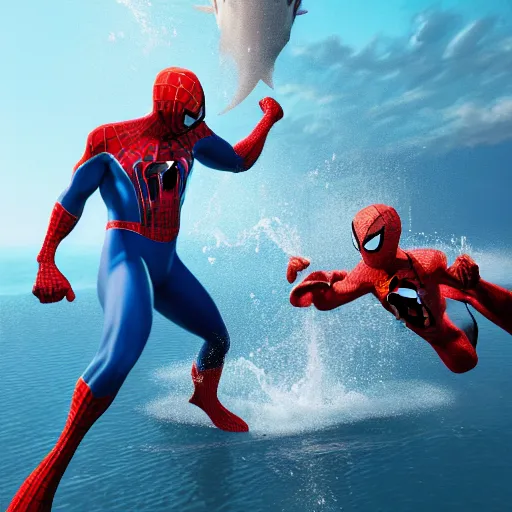 Prompt: a portrait of Spiderman punching a shark in the middle of the ocean, 8k, ultrarealistic, trending on artstation, ultradetailed, octane render,