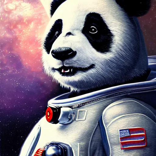 Image similar to a panda in a astronaut suit, 3d, sci-fi fantasy, intricate, elegant, highly detailed, lifelike, photorealistic, digital painting, artstation, illustration, concept art, sharp focus, art in the style of Shigenori Soejima