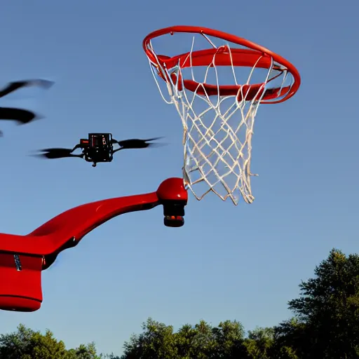 Image similar to flying drone robot with basketball hoop on drone robot body