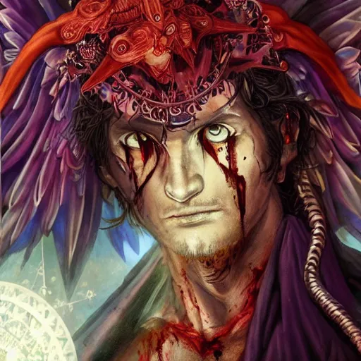 Image similar to 4K headshot portrait of godlike Warlock of Nazareth with defined arms and open hands and bloody clothes with giant mandala wings , intricate face , flawless anime cel animation by Kentaro Miura, psychedelic , highly detailed upper body , professionally post-processed , beautiful, scary, symmetry accurate features, epic, octane rendered, anime masterpiece, accurate by Craig Mullins, ilya kuvshinov, krenz cushart, epic , artgerm trending on artstation by Edward Hopper and Dan Mumford and WLOP and Rutkovsky, beksinski carl spitzweg moebius and tuomas kocar, intricate artwork by caravaggio, Unreal Engine 5, Lumen, Nanite