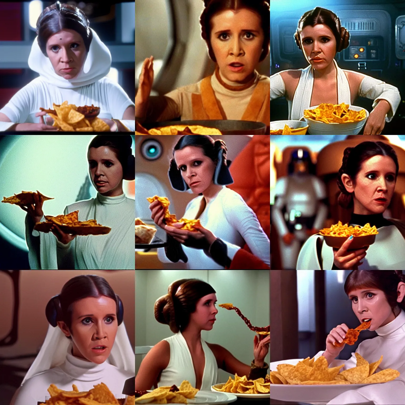 Prompt: film still of princess leia eating nachos in Star Wars 1977, 4k
