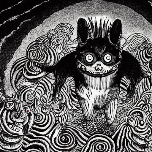 Image similar to a horrifying corgi demon with many eyes and many teeth, manga panel drawn by junji ito, kentaro miura, horror, dark fantasy, lovecraftian, intricate