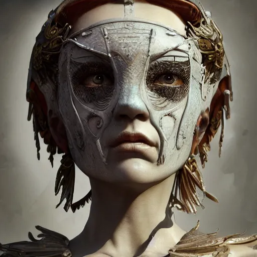 Prompt: Very very very very highly detailed epic photo of angelic face with venetian mask, intricate, dystopian, sci-fi, extremely detailed, digital painting, artstation, concept art, smooth, sharp focus, illustration, intimidating lighting, incredible art by Anton Pieck, Octane render in Maya and Houdini VFX