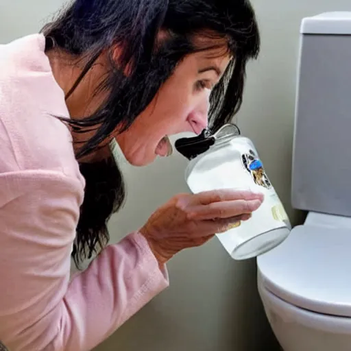 Image similar to photo of crazy cat woman at psych ward drinking water out of a toilet