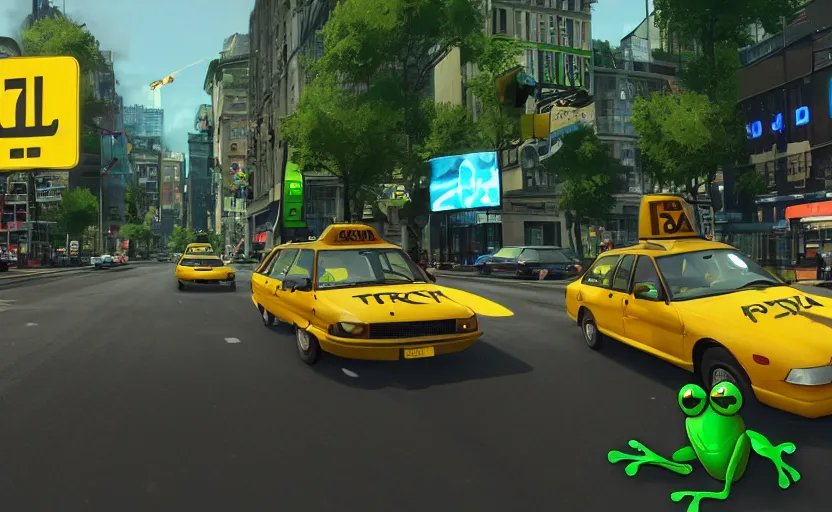 Image similar to ps 4 game about a frog driving a taxi, frog driving a taxi unreal 4 screenshot,