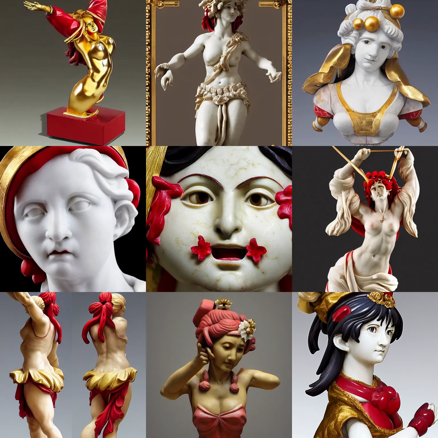 Prompt: a classical sculpture of reimu hakurei, marble, gold, masterpiece, focused, anatomically correct, texture, ultra realistic, hyperrealistic, extreme details