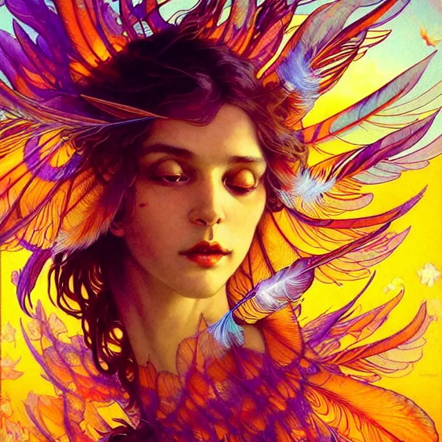 Image similar to psychedelic transcendent feather mind bending psychedelic wings of glossy liquid honey flowing like kaleidoscopic translucent holograph, lsd feathers, honey wind, enlightenment, high contrast dappled lighting, refracted sunset, highly detailed, concept art, art by collier, albert aublet, krenz cushart, artem demura, alphonse mucha