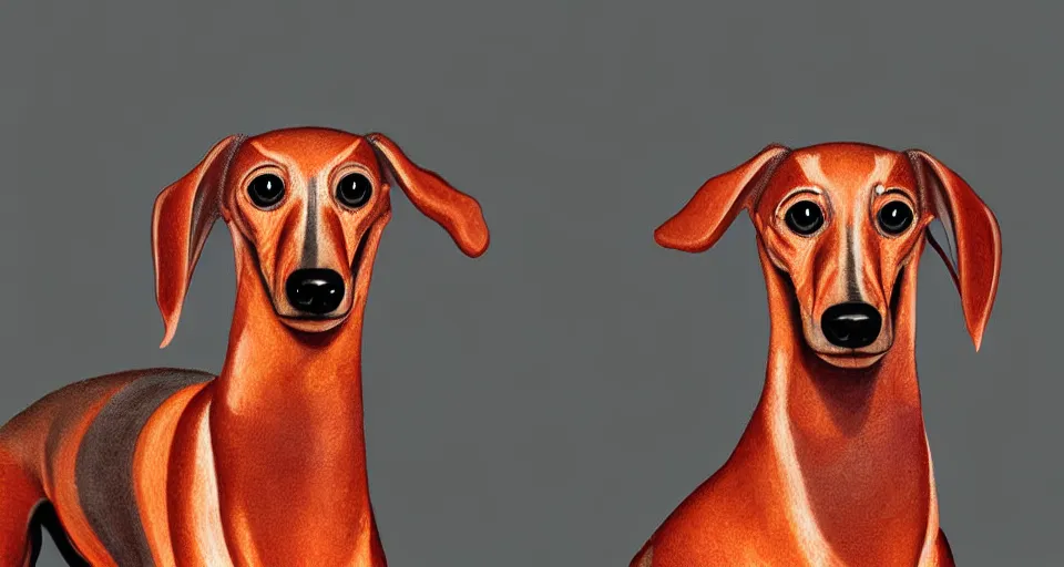 Image similar to a digital painting of a greyhound - sausage dog hybrid, isolated, hyperealism, award winning, stunning, trending on art - sation, highly detailed, cinematic lighting, 8 k, hd