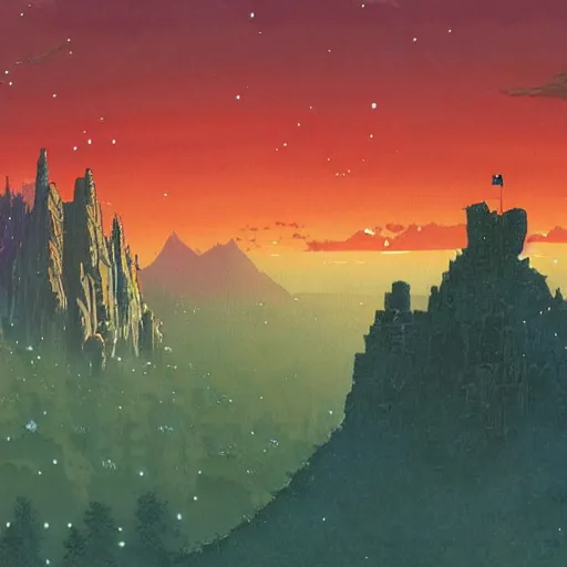 Prompt: a beautiful painting of a large stone castle sitting atop a magic forest mountain with a sky filled with multicolored stars by moebius and bruce pennington, studio ghibli art, gradient shading