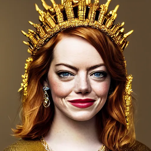 Image similar to A portrait of Emma Stone wearing a golden Arabian crown , royality, high quality, fully detailed, 4k