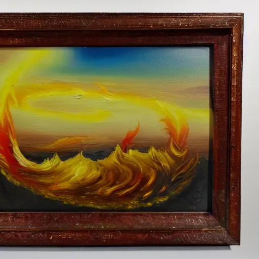 Image similar to landscape oil painting consisting of fire, earth, wind and water