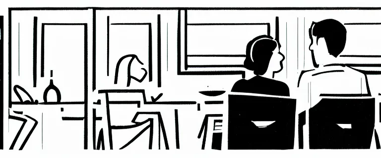 Image similar to man and woman talking quietly in a diner, over the shoulder shot, storyboard panel, eye level, black and white marker