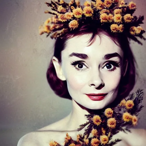 Image similar to fine art photo of audrey hepburn, she has a crown of dried flowers, by oleg oprisco