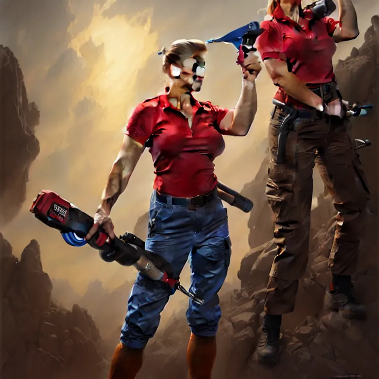 Image similar to epic portrait a slightly muscular woman wearing short sleeved uniform and carrying a red power tool drill, detailed, centered, digital painting, artstation, concept art, donato giancola, Joseph Christian Leyendecker, WLOP, Boris Vallejo, Breathtaking, 8k resolution, extremely detailed, beautiful, establishing shot, artistic, hyperrealistic, beautiful face, octane render