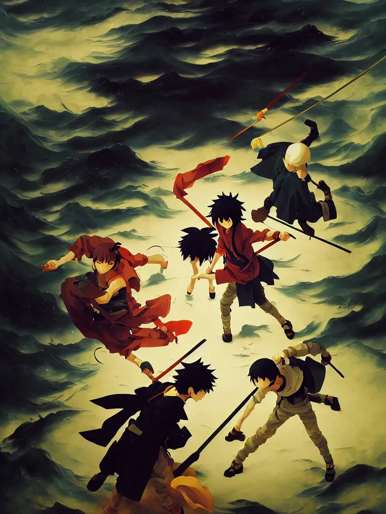 Image similar to baroque oil painting of key visual ninja duel, rain, rule of thirds golden ratio, fake detail, trending pixiv fanbox, acrylic palette knife, style of makoto shinkai ghibli takashi takeuchi yoshiyuki sadamoto jamie wyeth james gilleard greg rutkowski chiho aoshima