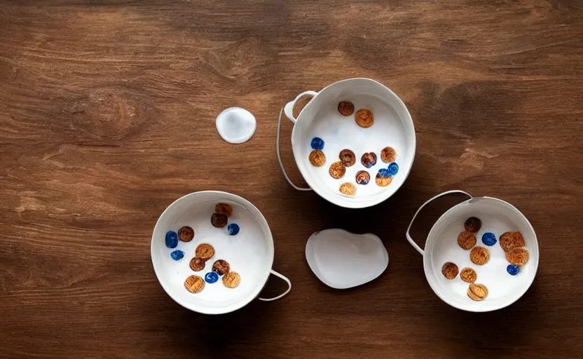 Image similar to “cereal bowl, with countries floating on the milk, each country has a soldier shooting at the other countries”