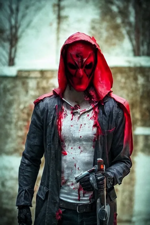 Image similar to red hood cosplay, creepy, disturbing, bloody, darkness, grainy