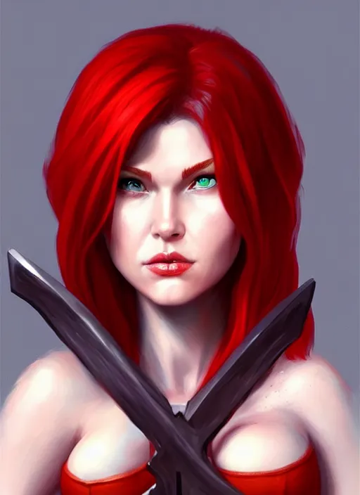 Image similar to a woman with red hair holding two large axes, concept art by senior character artist, true anatomy, extremely beautiful face, extremely detailed face, artstation contest winner, fantasy art, concept art, artstation hd, 2 d game art