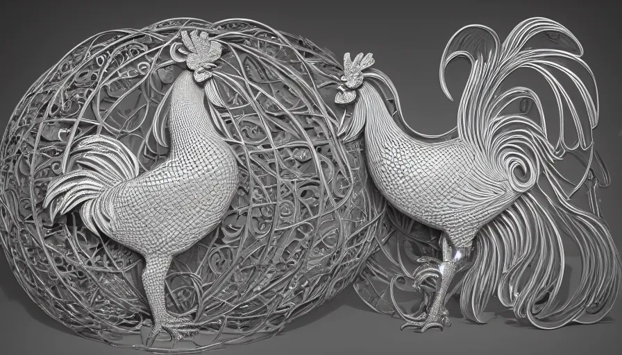 Image similar to rene lalique jewelry design with a rooster, hens, chinckens, intricate, delicate, art nouveau, highly detailed, 3d render, uplight, 8k, unreal engine, octane rendered, wow