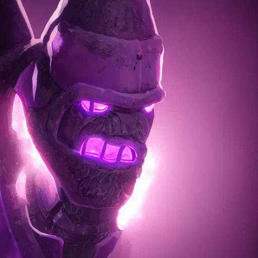 Image similar to purple glow coming off of ancient runic armored golem high detail, artstation, award winning masterpace