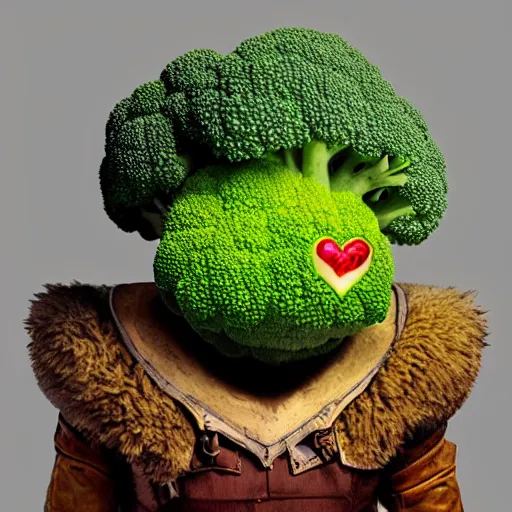 Image similar to A striking epic hyper real comic book style portait painting of a cute broccoli that is kissing hearts out of his mouth that fly to the sky, D&D Concept Art, unreal 5, DAZ, Apex legends concept art, hyperrealistic, octane render, cosplay, RPG portrait, dynamic lighting