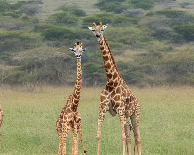 Prompt: a full picture of a whole one giraffe with a short neck in savana