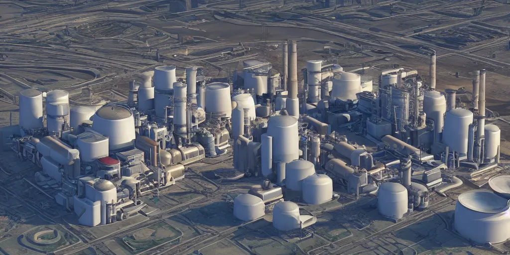 Image similar to aerial view of a stylized combined cycle powerplant, masterpiece, blizzard pixar maya engine global illumination lighting artstation in the style of frank lloyd wright