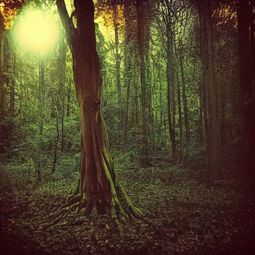 Image similar to eerie polaroid of a peaking out from behind a tree in a forest at dusk