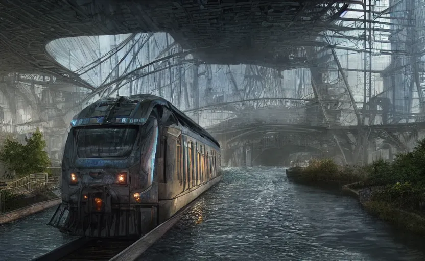 Prompt: An urban train rides inside of a waterway on a fantasy city, hyperrealistic mixed media, stunning 3d render inspired art by P. Craig Russell and Barry Windsor-Smith + perfect facial symmetry + dim volumetric lighting, 8k octane beautifully detailed render, post-processing, extremely hyperdetailed, intricate futuristic mechanic parts, epic composition, grim yet sparkling atmosphere, cinematic lighting + masterpiece, trending on artstation