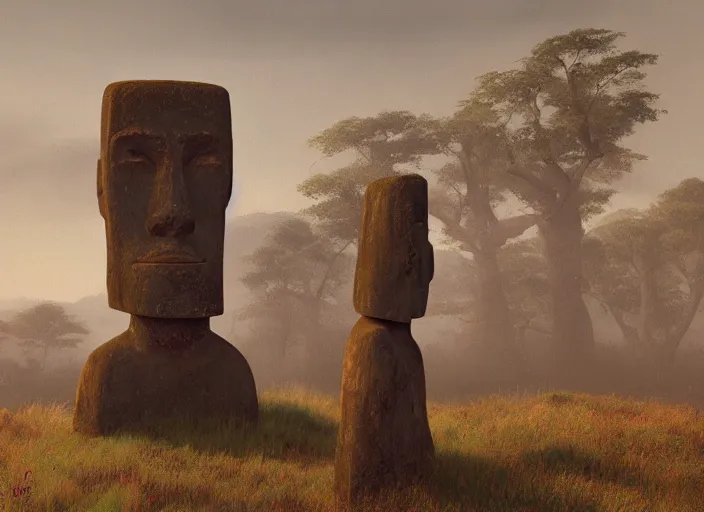 Prompt: landscape, a realistic portrait and realism, a humanoid moai stone walking in 1 8 9 9 s clothes, fine art, sharp focus, ten flats, digital art, bright colors, trending on artstation, unreal engine.