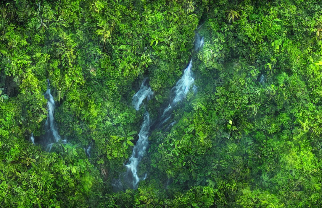 Image similar to a jungle in amazon, detailed dreamscape, hyperreal phantastic, drone shot, intricate details in environment, golden ratio, high aestehtic, waterfalls and lakes, cinematic light dramatic light, lightrays, in the style of terrence mallick cinematography, trending on artstation