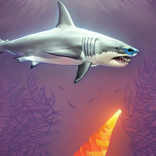 Image similar to great white shark, traffic cones as fins, underwater background detailed atmospheric - ron cheng & alphonse mucha, highly detailed, digital painting, ray tracing, concept art, illustration, smooth sharp focus, intricate, symmetry, artstation,