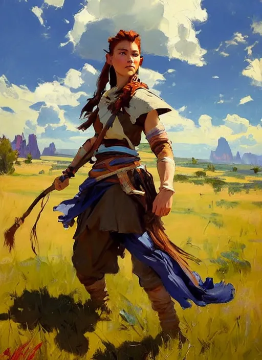 Image similar to Greg Manchess painting of Aloy from Horizon Zero Dawn, countryside, calm, fantasy character portrait, dynamic pose, above view, sunny day, thunder clouds in the sky, artwork by Jeremy Lipkin and Giuseppe Dangelico Pino and Michael Garmash and Rob Rey, very coherent asymmetrical artwork, sharp edges, perfect face, simple form, 100mm